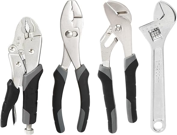 Amazon Basics 4-piece Plier and Wrench Set with 17.78CM Locking Plier, 20.32CM Slip-joint Plier, 20.32CM Groove Joint Plier, and 20.32CM Adjustable Wrench