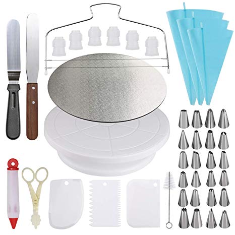 Cake Decorating Supplies Set,Cake Turntable and 10 inch Cake Board,2 Icing Spatula 3 Cake Scrapers,Cake Brush,Cake Flower Lifter,Cake Pen,3 Pastry Bags 24 Stainless Icing Tip 6 Piping Tip Couplers