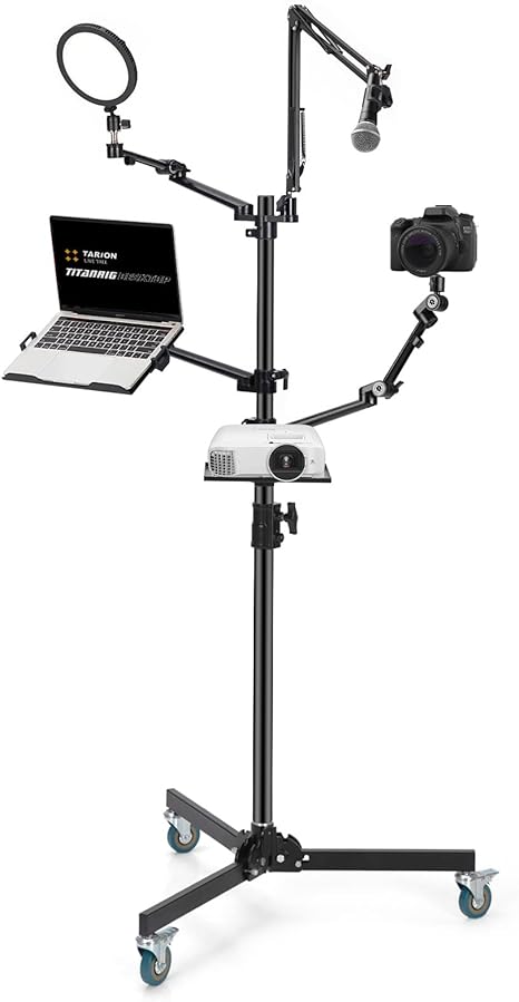 TARION Live Streaming Stand with Wheels - 61"/155cm 5-in-1 Stream Stand Equipment Kit: 1 Mic Boom   3 Articulated Arms   1 Projector Holder, Adjustable Heavy-duty Floor Live Tree Stand Setup TitanRig