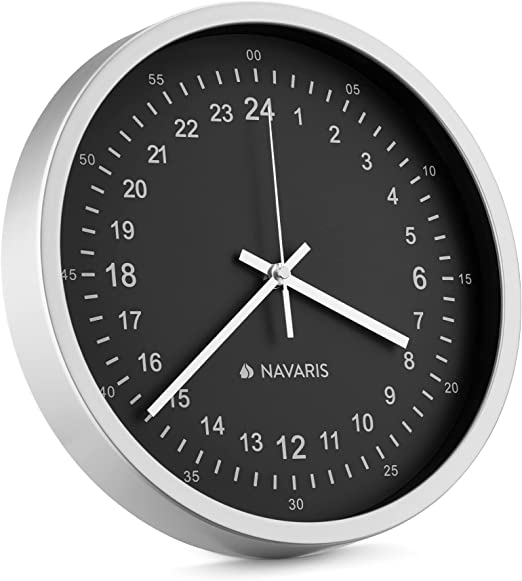 Navaris 24 Hour Wall Clock - 11.8" Analog Military Time Clock with Silent Movement Non-Ticking Hands - Battery Operated - Silver Frame with White Face