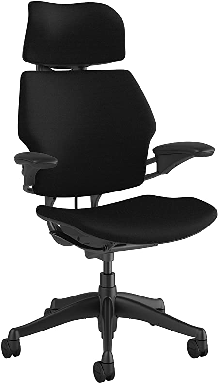 Humanscale Freedom Office Desk Chair with Headrest - F213 Advanced Highly Adjustable Duron Arms - F213G Graphite Frame Black Fortis Fabric - Soft Hard Floor Casters