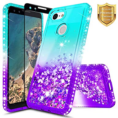 Pixel Case w/[Full Cover Tempered Glass Screen Protector] NageBee Glitter Liquid Quicksand Waterfall Flowing Sparkle Shiny Bling Diamond Girls Cute Compatible Google Pixel (2016) -Aqua/Purple