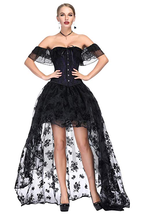 Kimring Women's Steampunk Costume Victorian Gothic Overbust Corset Dress Skirt Set