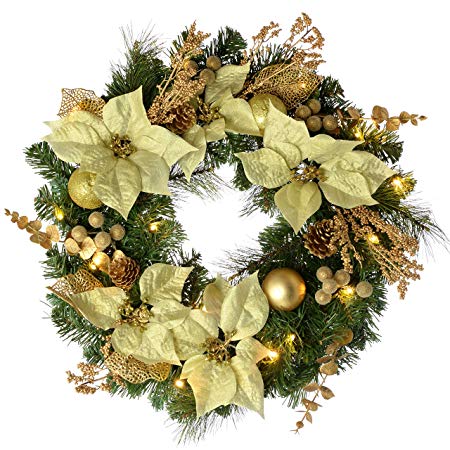 WeRChristmas Pre-Lit Decorated Christmas Decoration with 20 Warm LED Lights, 60 cm - Wreath, Cream/Gold