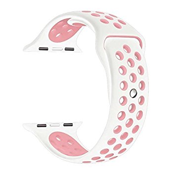 Yearscase 42MM Soft Silicone Sport Replacement Band with Ventilation Holes for Apple Watch Nike  and Apple Watch Series 1 2, M/L Size ( White / Light Pink )