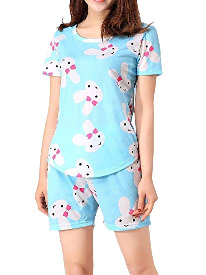 VENTELAN Women Sleepwear Cute Rabbit Pajama Sets Soft Short Sleeve Loungewear