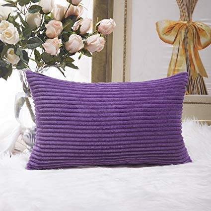 Home Brilliant Decorative Plush Striped Velvet Corduroy Oblong Pillowcase Accent Cushion Cover for Car Office Living Room, 12 x 20 inch, Eggplant