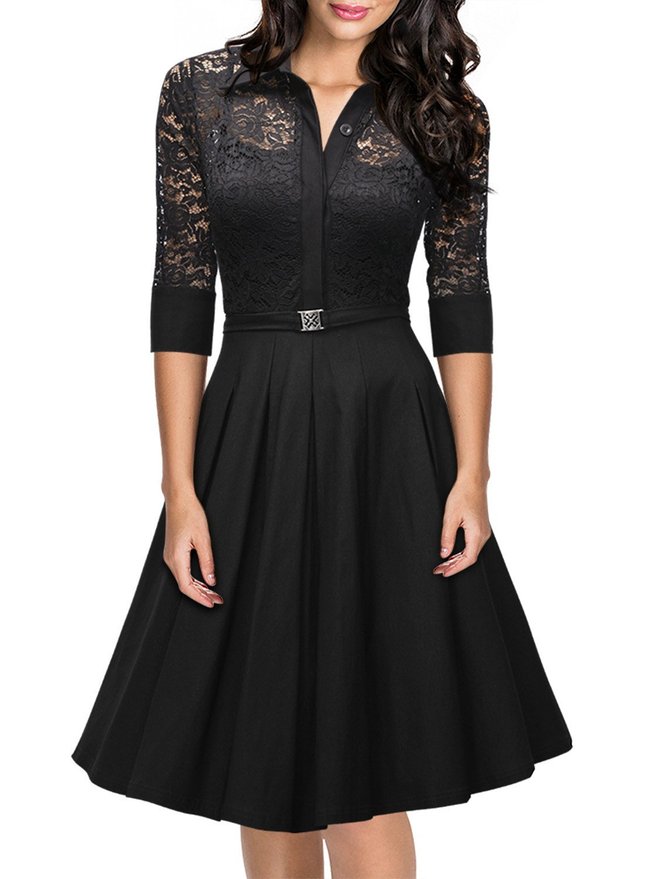 Missmay Womens Vintage 1950s Style 34 Sleeve Black Lace Flare A-line Dress