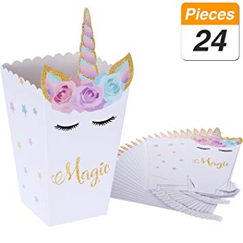 SATINIOR 24 Pieces Popcorn Snack Boxes Rainbow Unicorn Pattern Treat Box Popcorn Container for Baby Shower Birthday Party Supplies