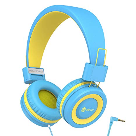 iClever Kids Headphones - Wired Headphones Kids, Adjustable Headband, Stereo Sound, Foldable, Untangled Wires, 3.5mm AUX Jack, 94dB Volume Limited - Childrens Headphones on Ear, Blue/Yellow