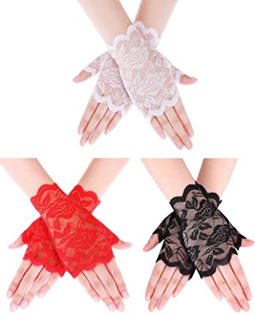 3 Pairs Women Lace Fingerless Gloves Floral Short Lace Gloves Red Black White Sun Protection Gloves Dressy Gloves for Wedding Dinner Parties (Black, White, Red)