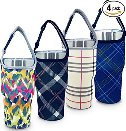 AICMEI 4 Pack 30oz Tumbler Carrier Holder Pouch with Carrying Handle, Fits All 30 oz Coffee Mugs Neoprene Insulator Cup Sleeve, Reusable - Leopard Print/Beige/Black Lattice/Blue Lattice
