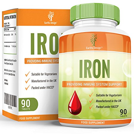 Iron Supplement - The Recommended Daily Allowance - Suitable for Vegetarians - 90 Tablets (3 Month Supply) by Earths Design