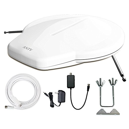 ANTV White 65 Miles Outdoor Waterpoof TV Antenna with 10ft Coaxial Cable 360 Degree Reception for Attic/RV/Marine; Omni-directional Amplified Easy Installlation with Anti-UV Coating HDTV Antenna for VHF/UHF