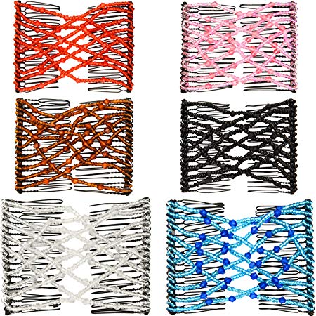 Boao 6 Pieces Beads Hair Combs Magic Elastic Hair Clips Stretchy Hair Comb Double Clips for Women Girls Hair Accessory (9 x 7 cm, Color Set 1)