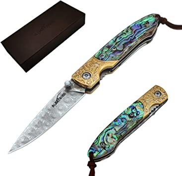 ALBATROSS Pocket Knife Abalone Seashells 7'' Modern Damascus Steel Knife Cupronickel Connector Liner Lock Folding Knife Gift Box - HGDK012B