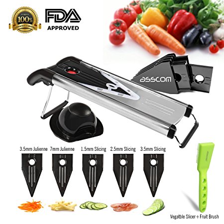 Premium V Blade Stainless Steel Mandoline Slicer - Asscom Vegetable Slicer -Manual Food Slicers - Fruit Slicer- Potato Slicer-Vegetable Julienne Slicer-5 Blade Slicer