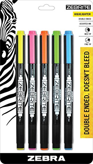 Zebra Eco Zebrite Double-Ended Highlighters, Assorted Colors, Chisel and Fine Point, 5-Pack-75005