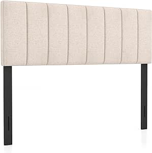 Giantex Linen Upholstered Headboard, Adjustable Width Vertical Channel Tufting Headboard Only with Solid Wood Legs, Attach Frame, Rectangular Headboard for Queen Full Bed, Beige