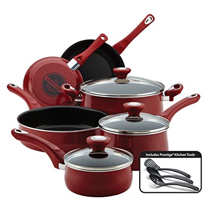 Farberware New Traditions Speckled Aluminum Nonstick 12-Piece Cookware Set, Red