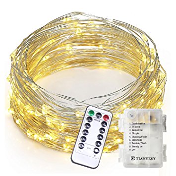 TIANYESY Update Material 100 LEDs String Lights,Copper Wire Lights (Battery, Waterproof, 8 Modes, Warm White, 33 ft)With Remote Control, Outdoor Rope Lights, Fairy Lights, String Lamps