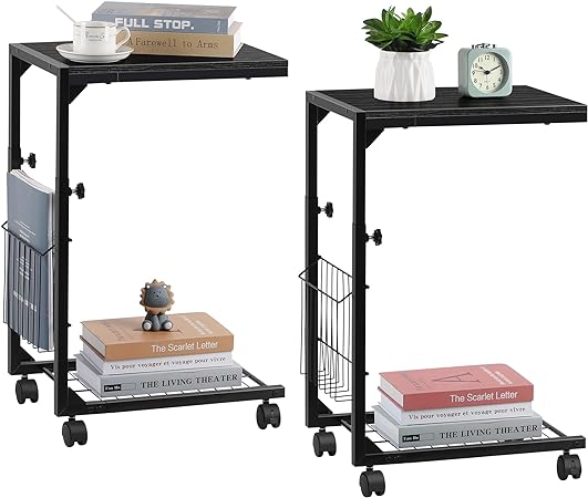 Shinoske Adjustable C Table - Side Tables Living Room Set of 2 with Wheels for Living Room and Bedroom,with Storage Mesh Basket,Slide Under Sofa Table or Use as Laptop Table,Black Willow Set