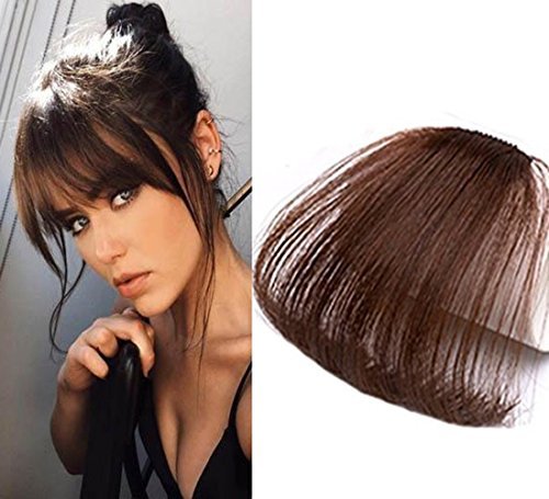 LaaVoo Dark Brown Human Hair Extensions Clip on Air Hair Bangs Secret Bangs Real Hair Pieces for Women
