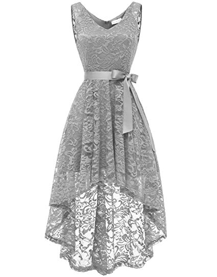 BeryLove Women's Floral Lace Hi-Lo Bridesmaid Dress V Neck Cocktail Formal Swing Dress