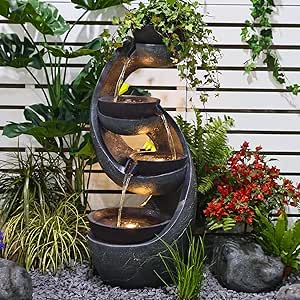 Outdoor Water Fountain Waterfall - Garden Fountains Outdoor Bowls Artistry Modern Arc with Water Pump and LED Strip for Patio Yard Pool Home Decor,44 inchs Tall