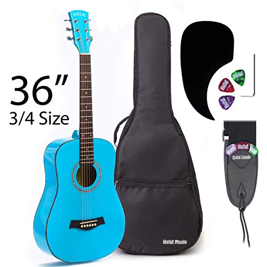 3/4 Size (36 Inch) Acoustic Guitar Bundle Junior/Travel Series by Hola! Music with D'Addario EXP16 Steel Strings, Padded Gig Bag, Guitar Strap and Picks, Model HG-36LB, Light Blue