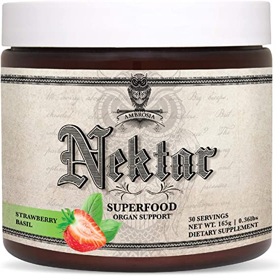Ambrosia Nektar - Superfood Powder | Complete Health Supplement | Organ Support - Liver, Heart, & Kidney Health | 30 Servings | Strawberry Basil