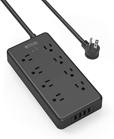 TROND Power Strip Surge Protector with USB, 8 Widely-Spaced Outlets, 4 USB Charging Ports, 4000 Joules, 1875W, 5ft Extension Cord, Flat Plug, Wall Mountable, Black