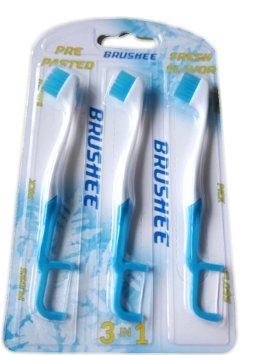 Brushee PocketSized Toothbrush, Pre-Pasted With Floss Pick, 3-Count