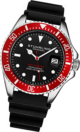 Stuhrling Original Men's Watch Dive Watch Silver 42 MM Case with Screw Down Crown Rubber Strap Water Resistant to 330 FT