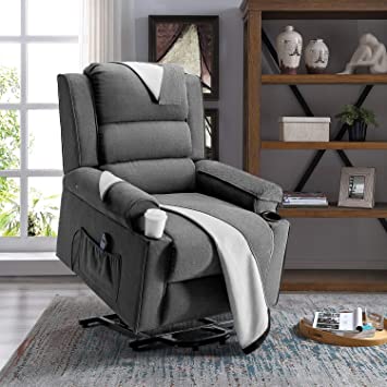 LEMBERI Electric Power Lift Recliner Chair, Ergonomic Modern Lounge Chair for Living Room, Single Sofa for Elderly, Home Theater, Linen Fabric with Side Pocket, 2 Cup Holders, Washable Covers(Grey)