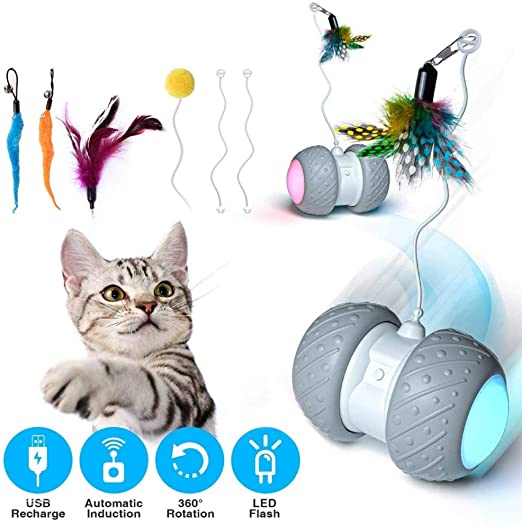 Udream Robotic Interactive Cat Toy with 3 Extra Antenna Sticks and 3 Extra Feather toys, Automatic Self Rotating Rolling Balls for Cat Toys,Carpet Available, Large Capacity Battery USB Rechargeable