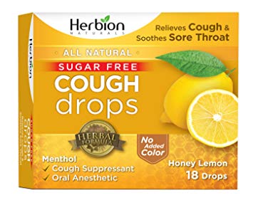 Herbion Naturals Sugar-Free Cough Drops with Natural Honey Lemon Flavor, 18 Drops, Oral Anesthetic - Relieves Cough, Throat, and Bronchial Irritation, Soothes Sore Mouth, For Adults and Children 2yo