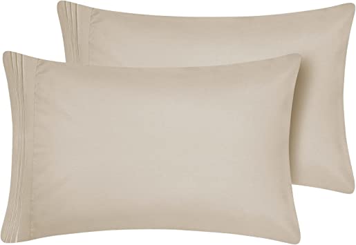 CozyLux Pillow Cases Standard Size Set of 2 Luxury 1800 Series Double Brushed Microfiber Bed Pillow Cases Embroidered 2 Pack 20x26, Beige Pillow Covers with Envelope Closure, Soft and Comfortable