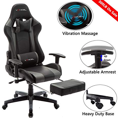 Gaming Chair Office Desk Chair High Back Computer Chair Ergonomic Adjustable Racing Chair Executive PC Chair with Headrest,Massager Lumbar Support & Retractible Footrest (Grey)