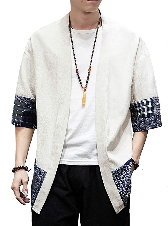 PRIJOUHE Men's Kimono Jackets Cardigan Lightweight Casual Cotton Blends Linen Seven Sleeves Open Front Coat Outwear