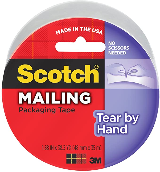 Scotch Tear-By-Hand Packaging Tape, 2 Inch x 38 Yards, 3-Inch Core, Clear (3842)