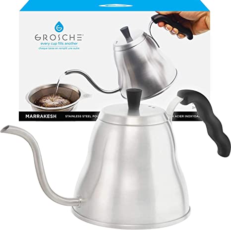 GROSCHE Marrakesh Gooseneck Pour Over Kettle for Stove top Use for pour over coffee or coffee dripper. 1 liter 34 fl. oz capacity. 18/8 Stainless Steel. Perfect Pour control and safe for all stovetops