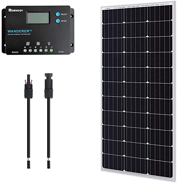 Renogy 12V 100W Monocrystalline Bundle Kit Solar Panel, Mono with Wanderer 10A, Black