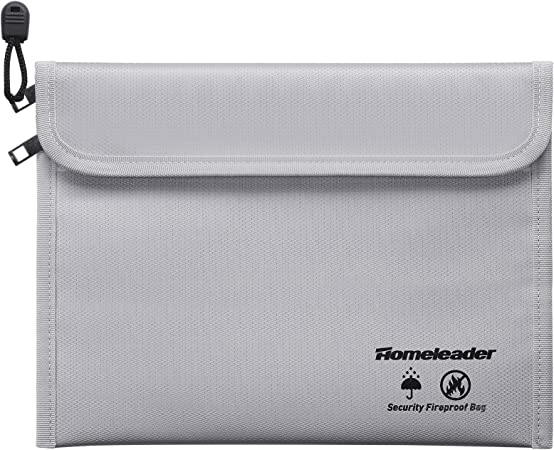 Homeleader Two Pockets Fireproof Document Bags (2000℉), 15.2"x11" Waterproof Money Bag, Double Zipper Wallet Bag, Fireproof Safe Storage Pouch for Passport, Valuables, File, Cash and Tablet, Silver