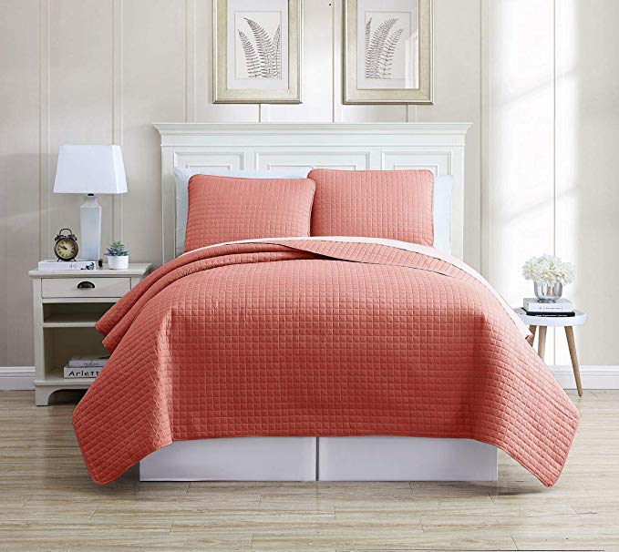 KingLinen Oversized Solid Coral Grid Bedspread/Quilt Set Queen