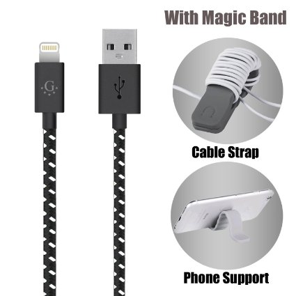 Go Beyond Nylon Braided Series 10ft 8pin USB Charge and Sync Cable for iPhone SE/5/6/6s/Plus/iPad Mini/Air/Pro (Black Nylon with Magic Band)