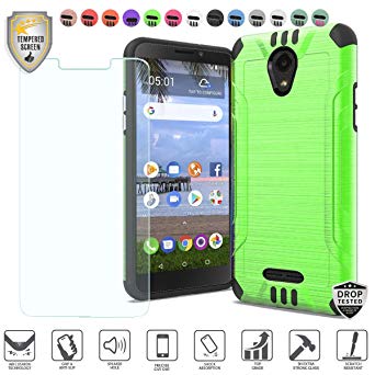 Compatible for Alcatel TCL A1 4G Case 5" A501DL Model Phone (Simple Mobile, Tracfone Version), with [Tempered Glass Screen Protector], Metallic Brushed Hybrid [Shock Proof] Cover Case (Neon Green)