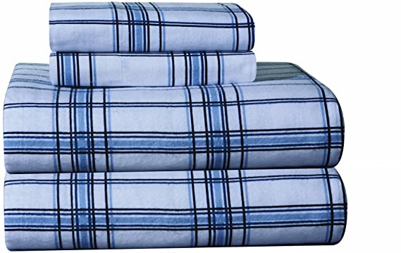 Pointehaven Heavy Weight Printed Flannel Extra Long Sheet Set, Plaid, Blue