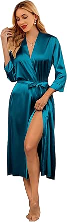 Ekouaer Silk Robes for Women Long Satin Bride Bridesmaid Wedding Party Robes Lightweight Sexy Sleepwear with Pockets