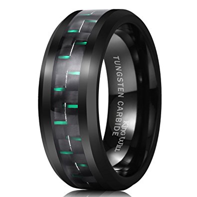 King Will Tungsten 8mm Black and Green Carbon Fiber Inlay Comfort Fit Men's Wedding Band Ring